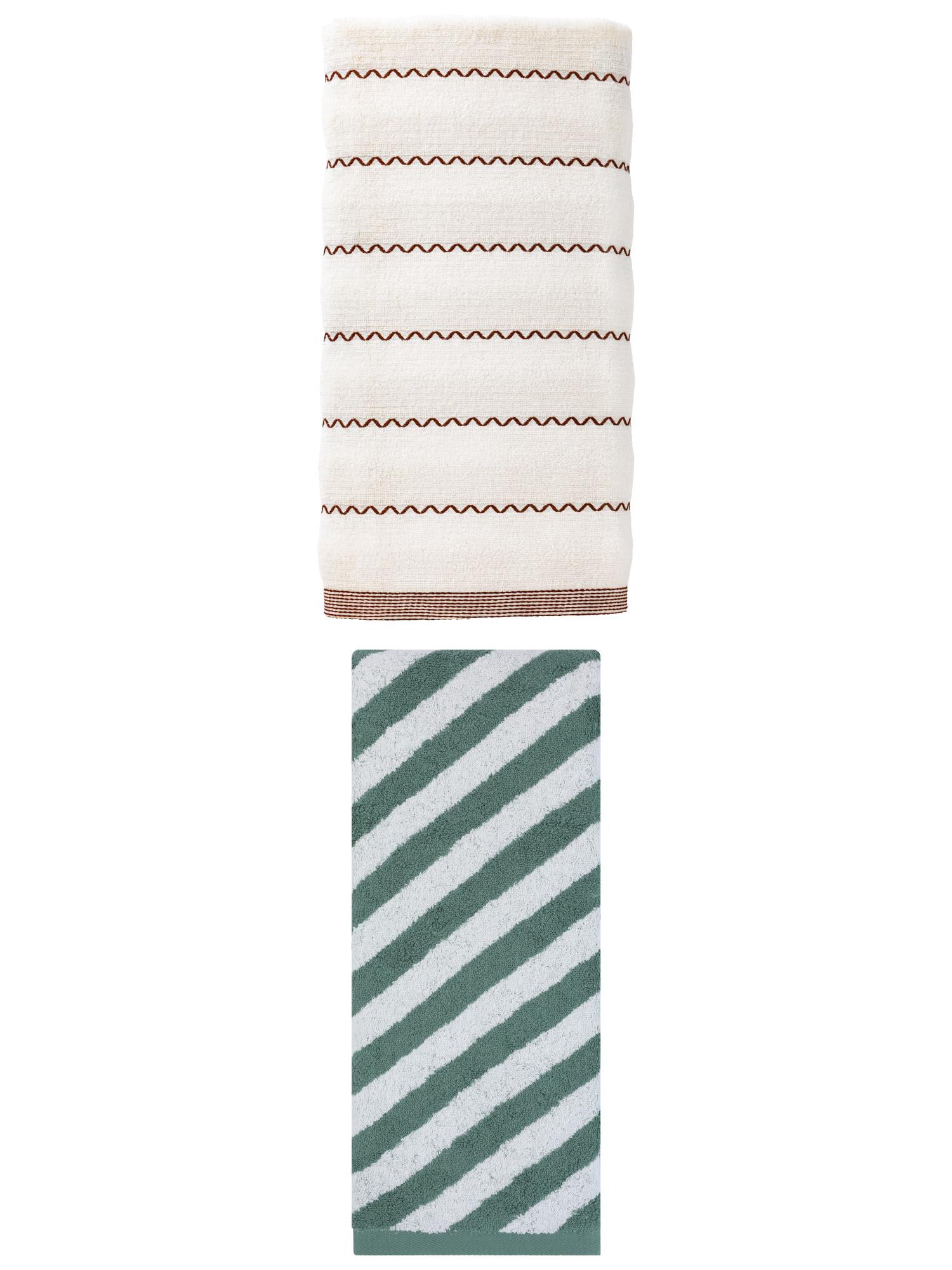 Unique Bargains Ultra Soft Cotton Stripe Bath Towel White 55"x28" White/Green 55"x28"