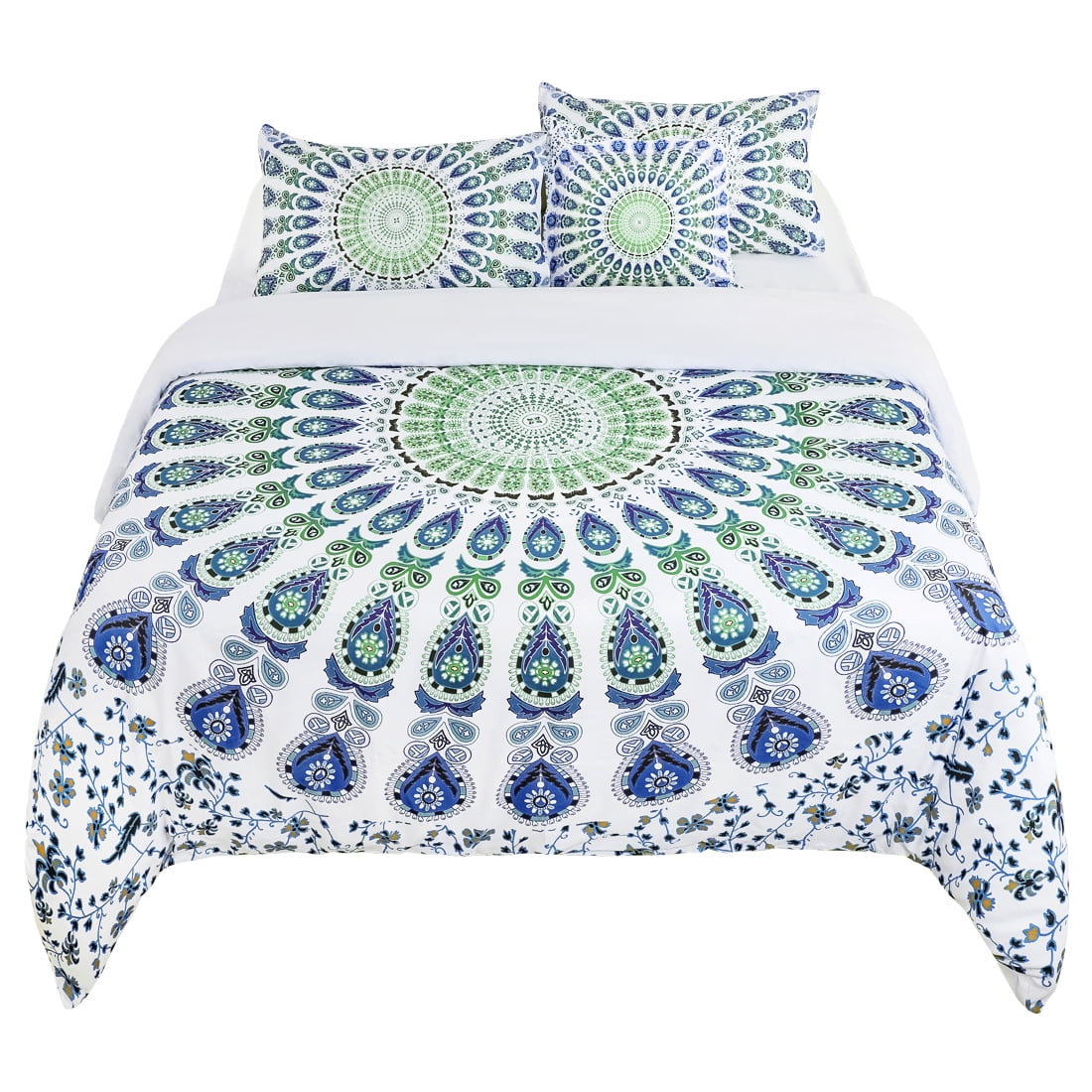 5-piece Bohemian Duvet Cover Polyester Bedding Set White and Green Queen