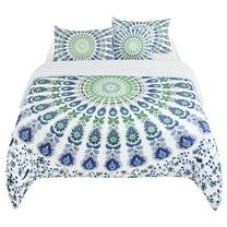 5-piece Bohemian Duvet Cover Polyester Bedding Set White and Green Queen