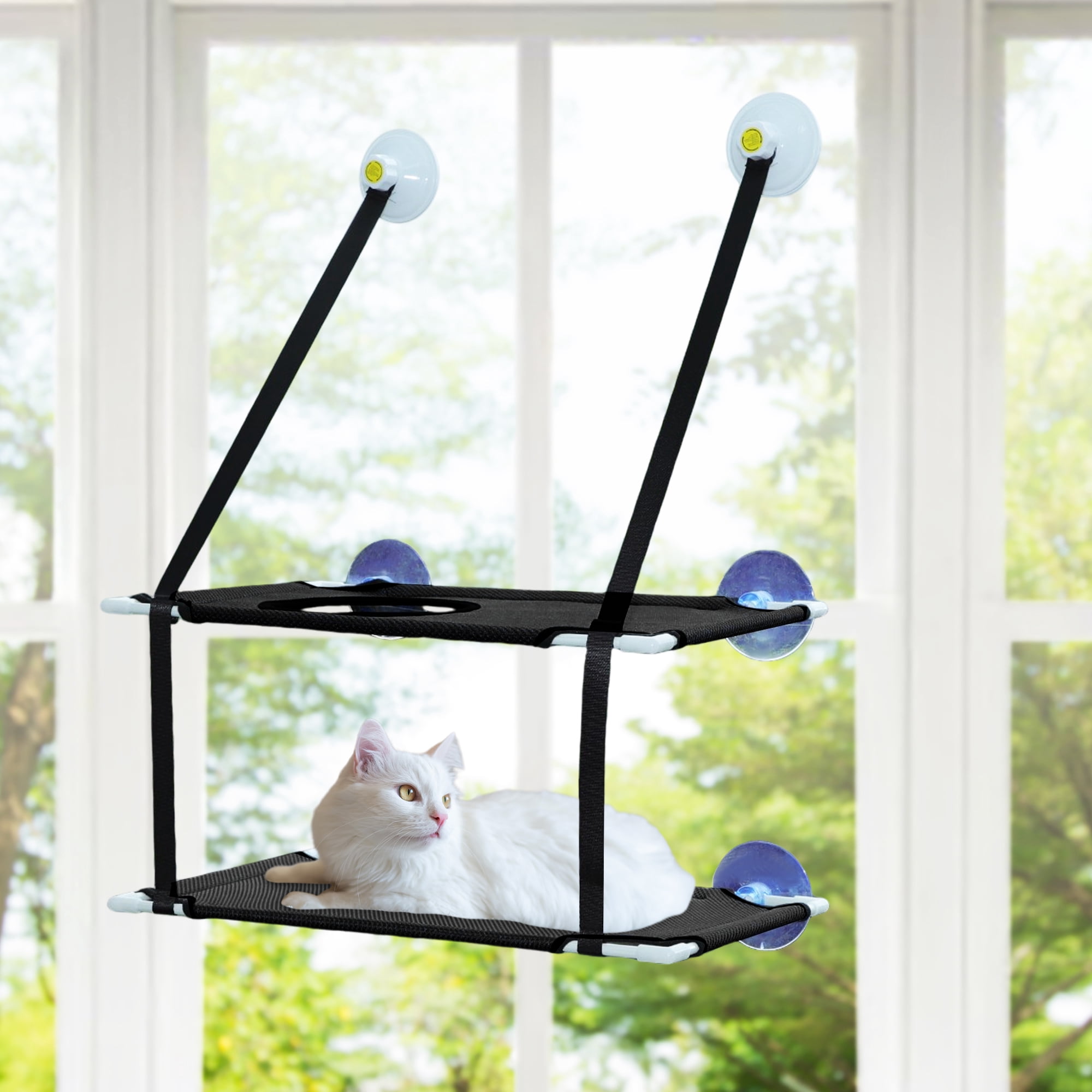 Unique Bargains Unique Bargains Cat Window Perch Double-Layer Cat Hammock Cat Window Hammock Cat Window Bed with Two Scratching Posts 20.08"x12.2"x11.02" Black