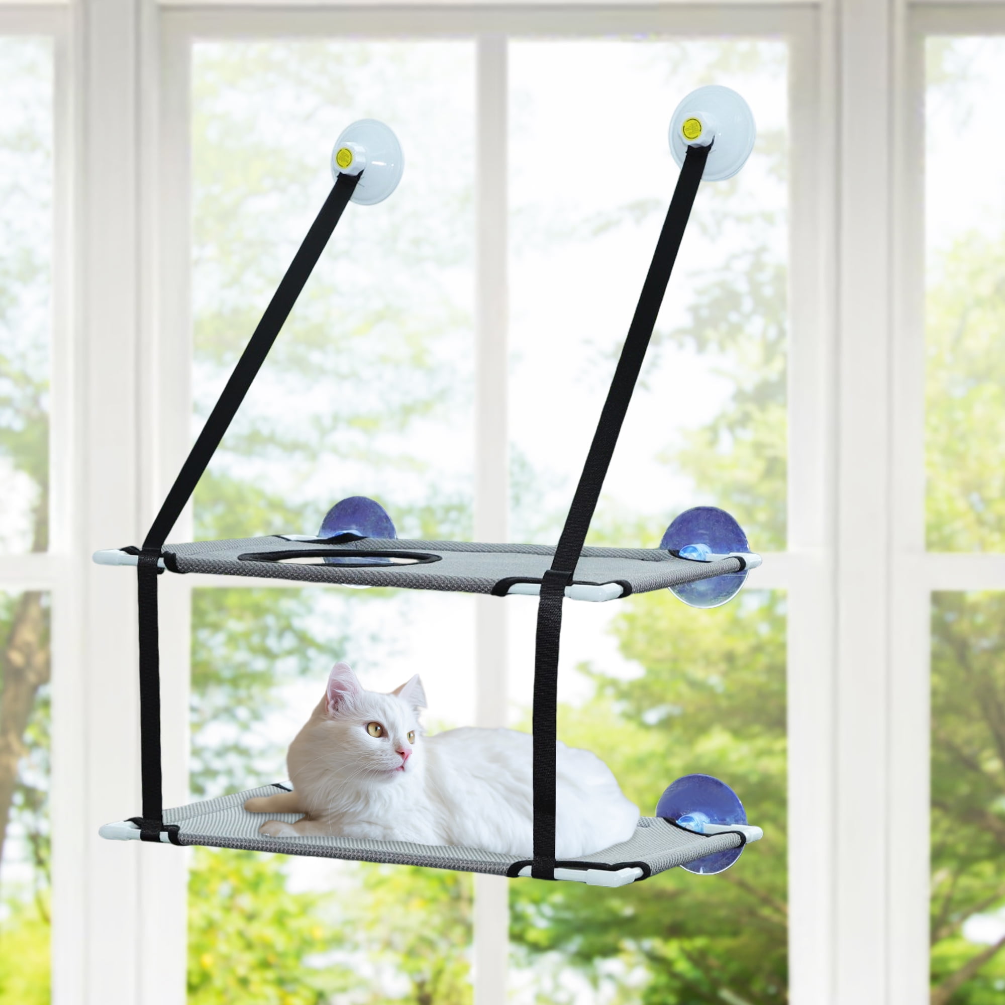 Unique Bargains Unique Bargains Cat Window Perch Double-Layer Cat Hammock Cat Window Hammock Cat Window Bed with Two Scratching Posts 20.08"x12.2"x11.02" Gray