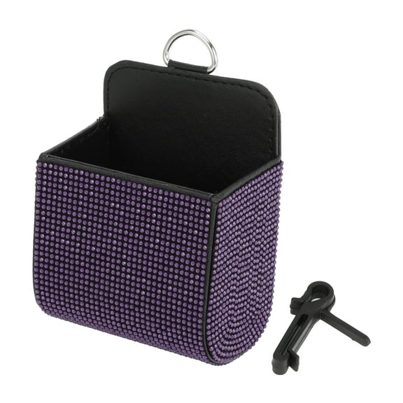 Unique Bargains Universal 3.5" Length 2.4" Width 4.7" Height Car Trash Can Hanging Trash Bin Faux Leather Rhinestones 1 Pc Purple Black