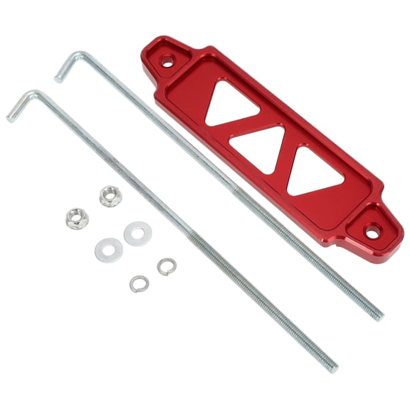 Unique Bargains Universal Car Battery Tie Down Bracket Hold Lock Battery Hold Down Bracket Aluminum Alloy Red 1 Set with J-hook Nut Washers Protective Sleeves