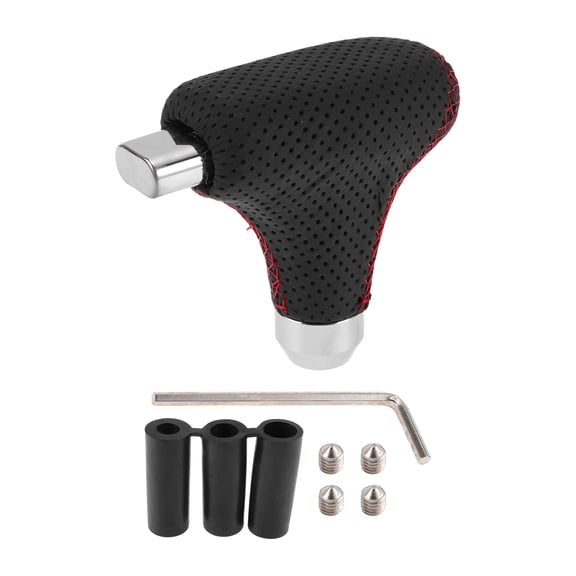 Unique Bargains Universal Gear Shift Knob Faux Leather for Automatic and Manual Vehicle W/ 3 Adapter Black Red 1 Set