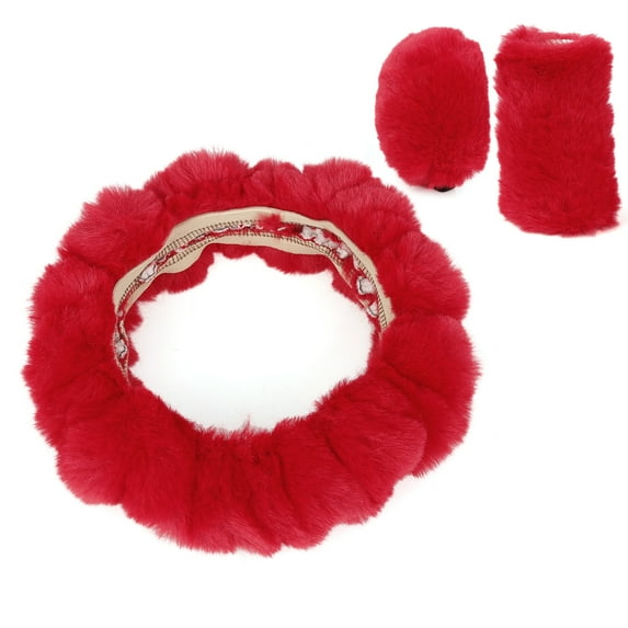 Unique Bargains Universal Winter Warm Faux Fur Car Steering Wheel Cover with Handbrake Cover Gear Shift Cover Set Red