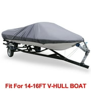 Unique Bargains V-Hull 210-D Waterproof Boat Cover for 14'-16' Trailerable Fishing Ski Boats, Gray