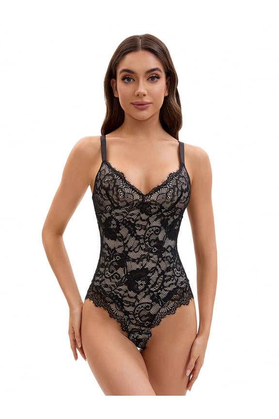 V-Neck Sleeveless Floral Lace Bodysuit M Black