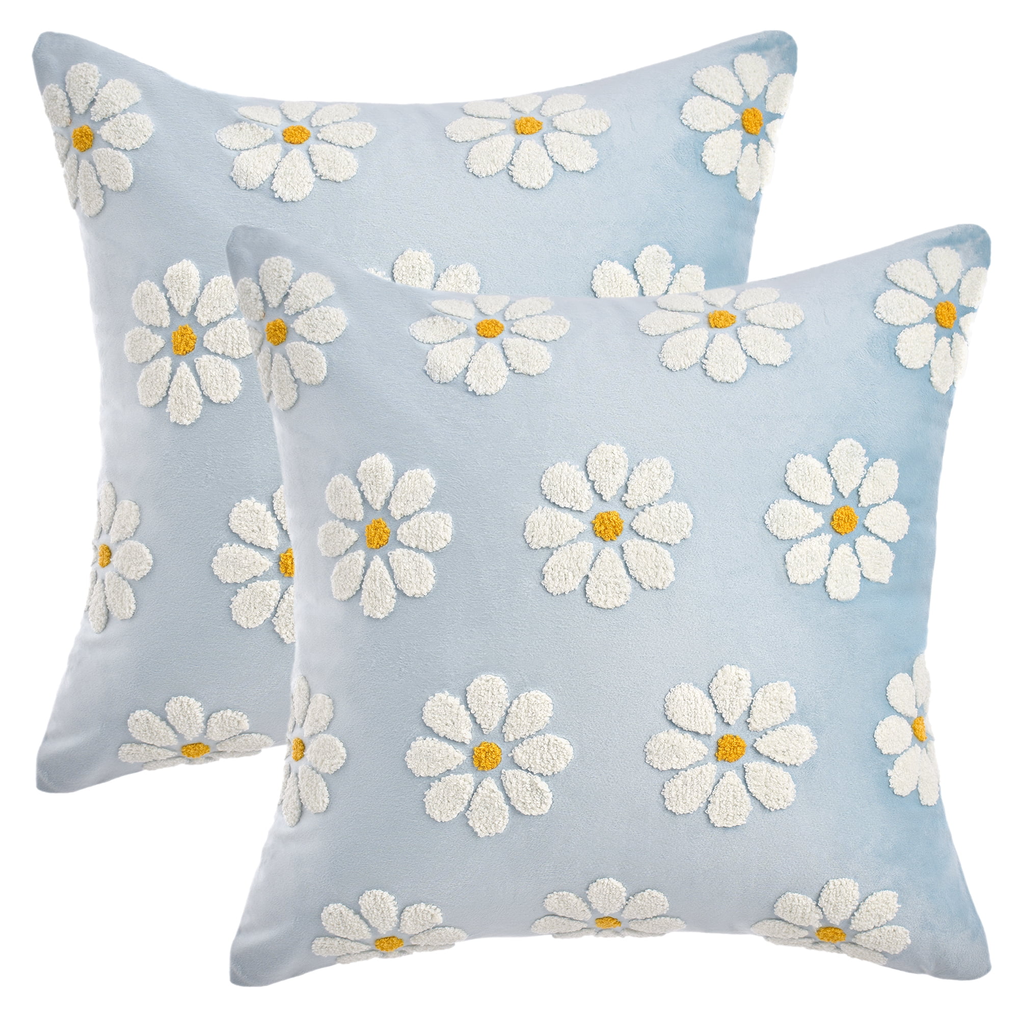Unique Bargains Velvet Daisy Embroidery Pillow Covers Set of 2 Blue 18" x 18"