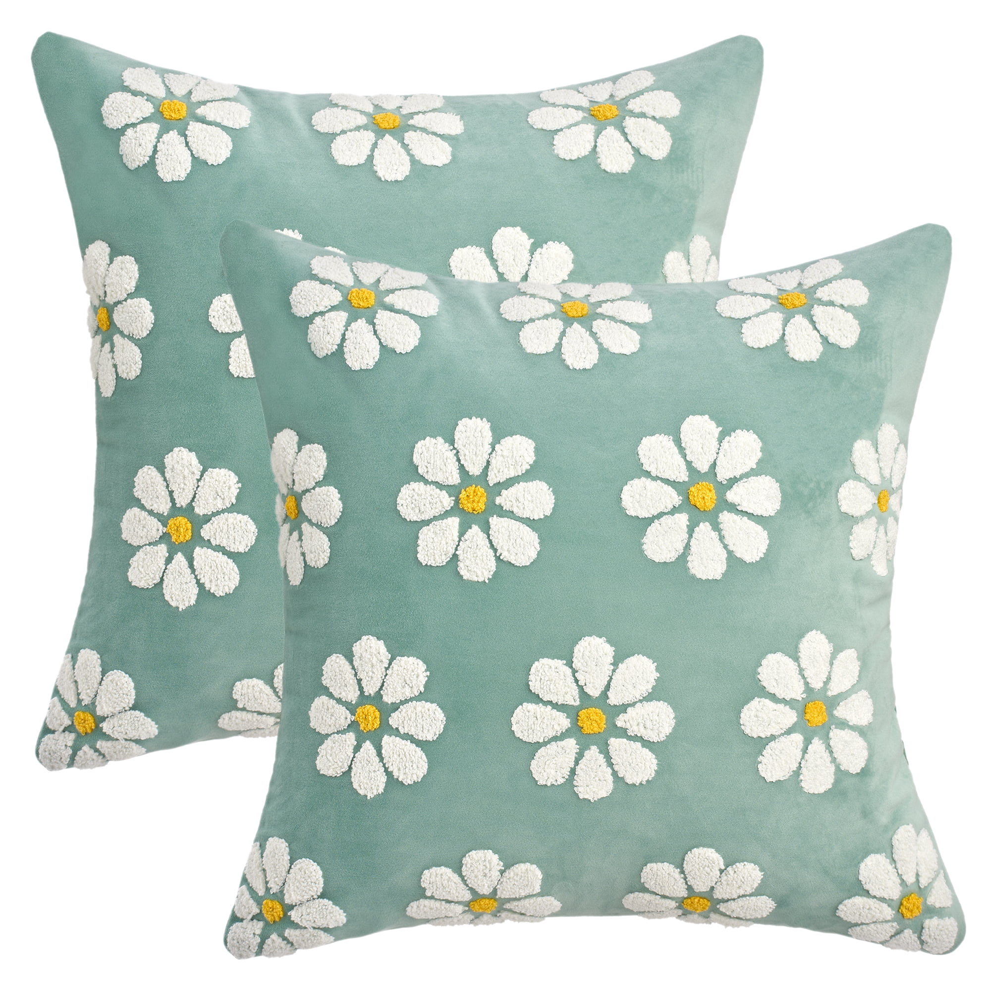 Unique Bargains Velvet Daisy Embroidery Pillow Covers Set of 2 Green 18" x 18"