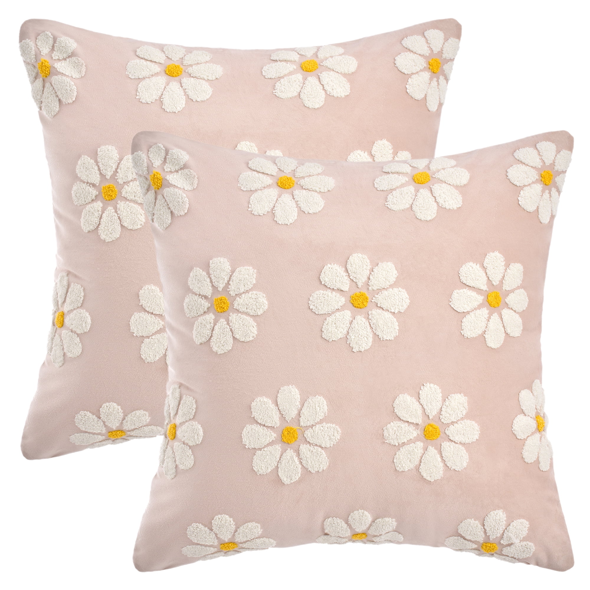 Unique Bargains Velvet Daisy Embroidery Pillow Covers Set of 2 Pink 18" x 18"