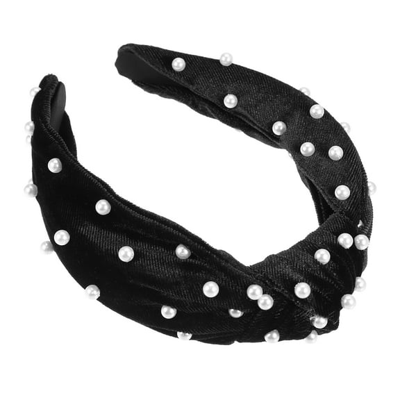 Unique Bargains Velvet Hair Headband Faux Pearl Knotted Headband for Women Girl Black 6.69"x4.72"x1.38" Wide Headband