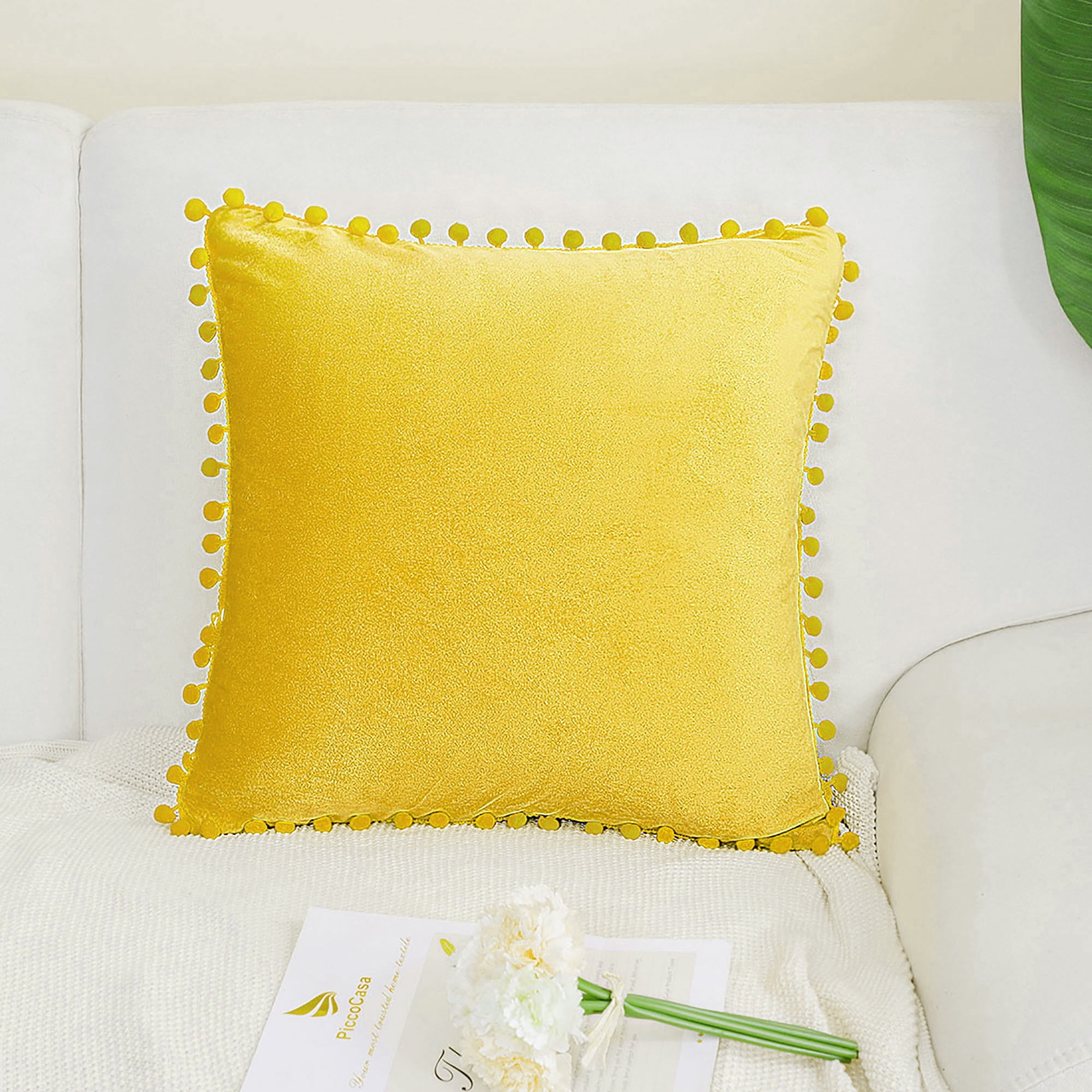 Unique Bargains Velvet Pillow Cover with Pompoms for Sofa 1PCS Golden Yellow 20x20Inch