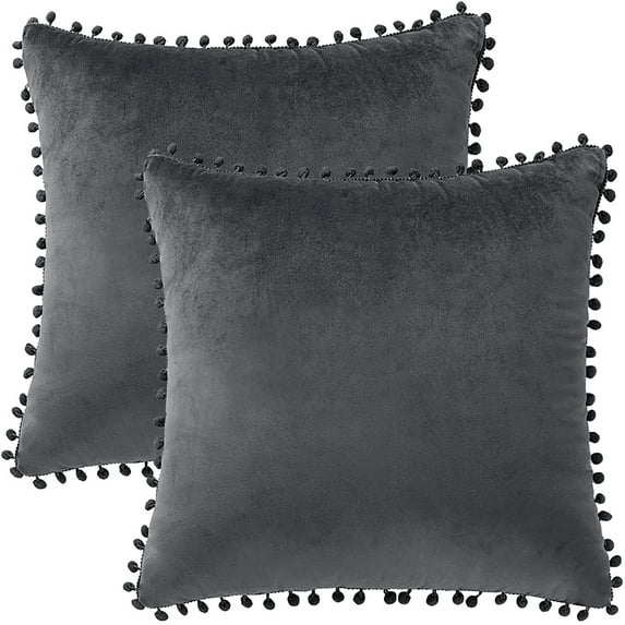 Unique Bargains Velvet Pillow Cover with Pompoms for Sofa 2PCS Dark Gray 20x20Inch