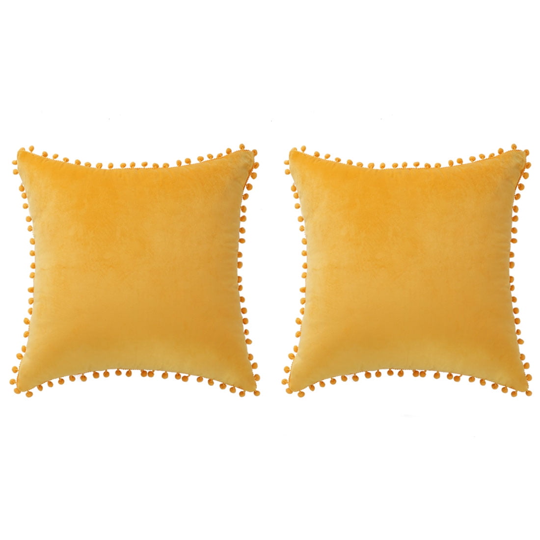 Unique Bargains Velvet Pillow Cover with Pompoms for Sofa 2PCS Golden Yellow 18x18Inch