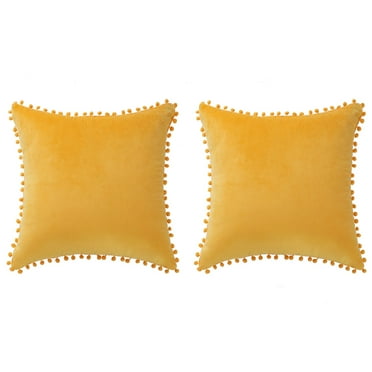 Unique Bargains Velvet Pillow Cover with Pompoms for Sofa 2PCS Golden Yellow 18x18Inch