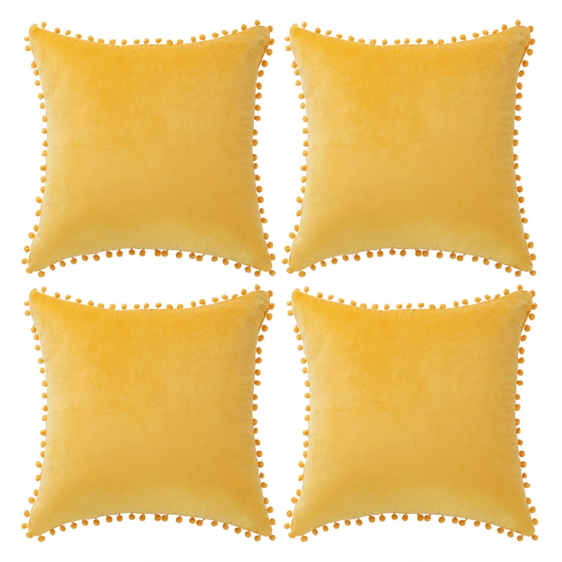 Unique Bargains Velvet Pillow Cover with Poms for Sofa 4PCS Gold 20" x 20"