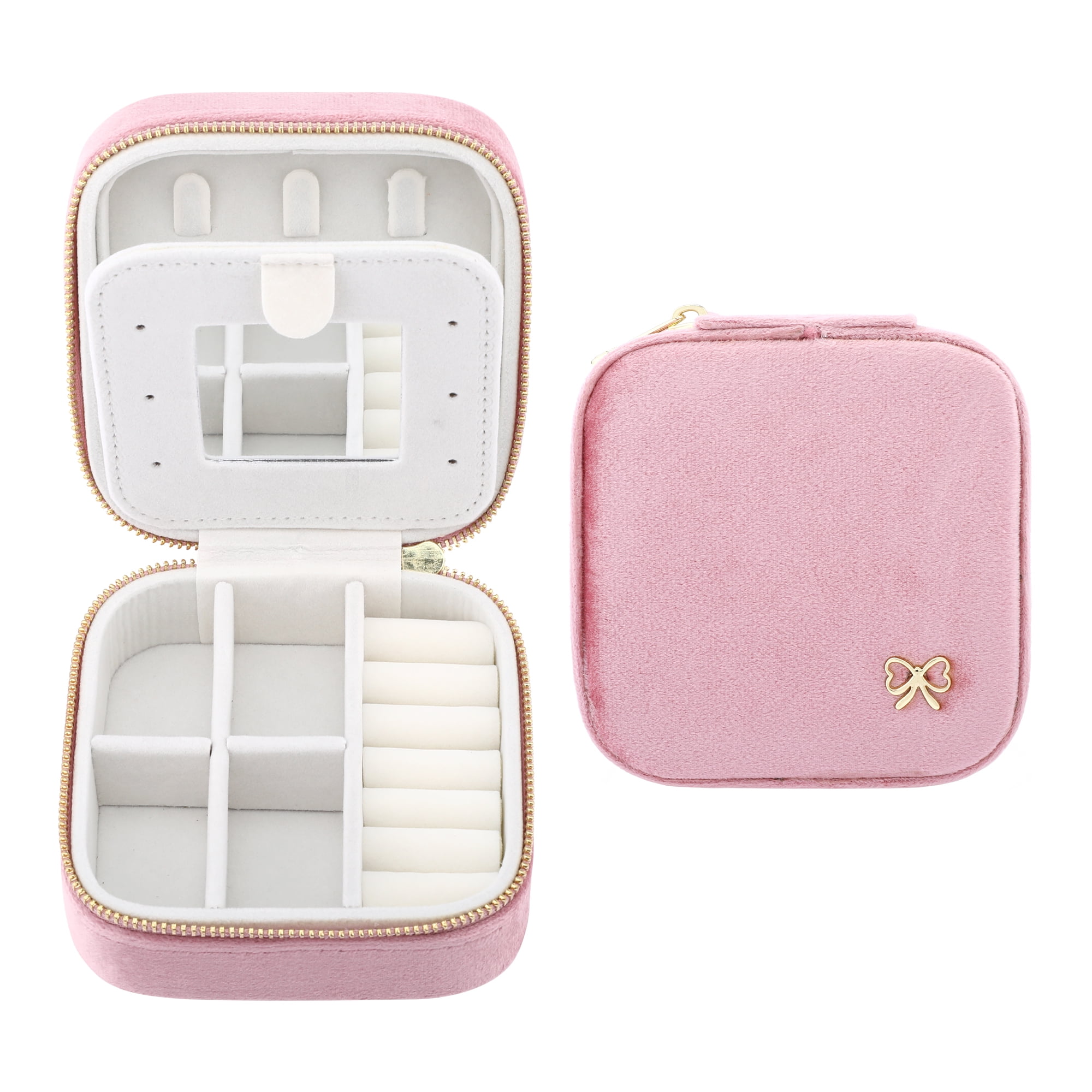 Unique Bargains Velvet Portable PU Leather Organizer Jewelry Box with Mirror Pink