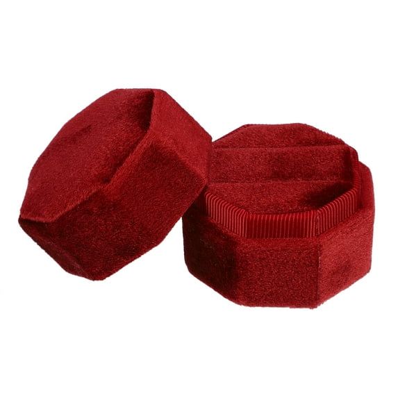 Unique Bargains Velvet Ring Box 2 Slots Double Ring Display Holder for Wedding Ceremony Proposal Dark Red