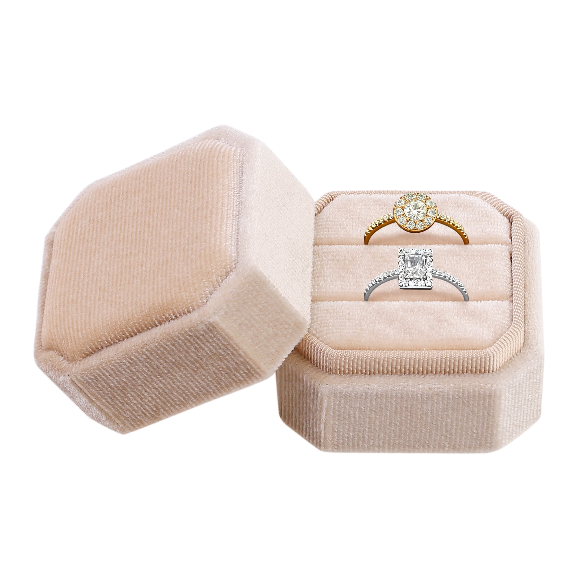 Velvet Ring Box for Proposal Engagement Wedding Ceremony Storage 2 Slots Beige