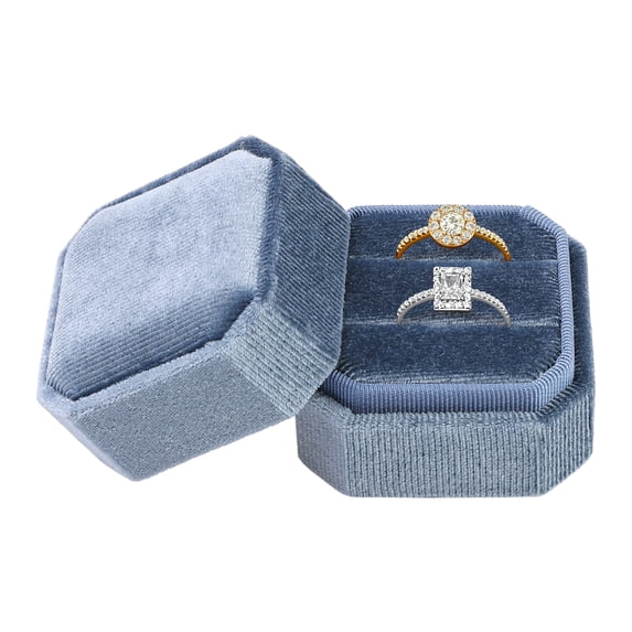 Velvet Ring Box for Proposal Engagement Wedding Ceremony Storage 2 Slots Haze Blue