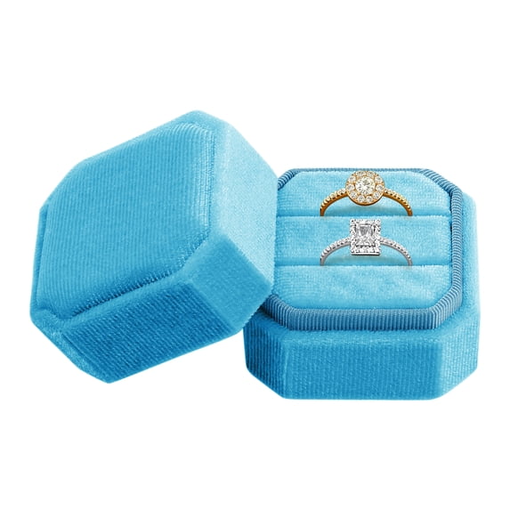 Velvet Ring Box for Proposal Engagement Wedding Ceremony Storage 2 Slots Peacock Blue