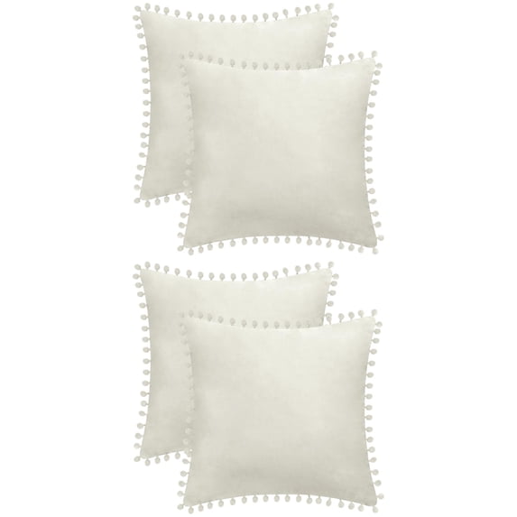 Unique Bargains Velvet Throw Pillow Covers 4 Pcs Pompoms Decorative Pillow Cases Beige 20" x 20"