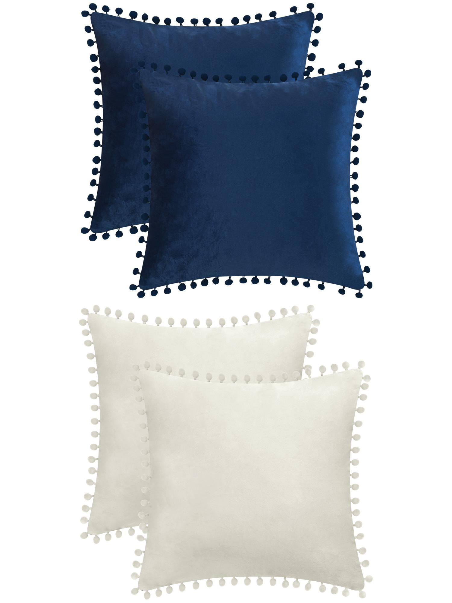 Unique Bargains Velvet Throw Pillow Covers 4 Pcs Pompoms Decorative Pillow Cases Beige/Dark Blue 20" x 20"