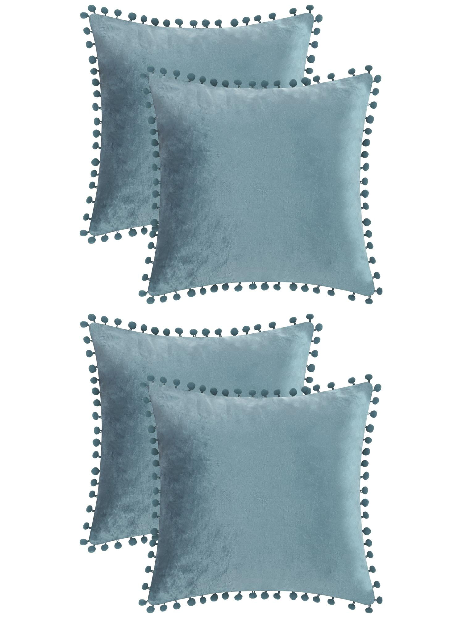 Unique Bargains Velvet Throw Pillow Covers 4 Pcs Pompoms Decorative Pillow Cases Blue 18" x 18"