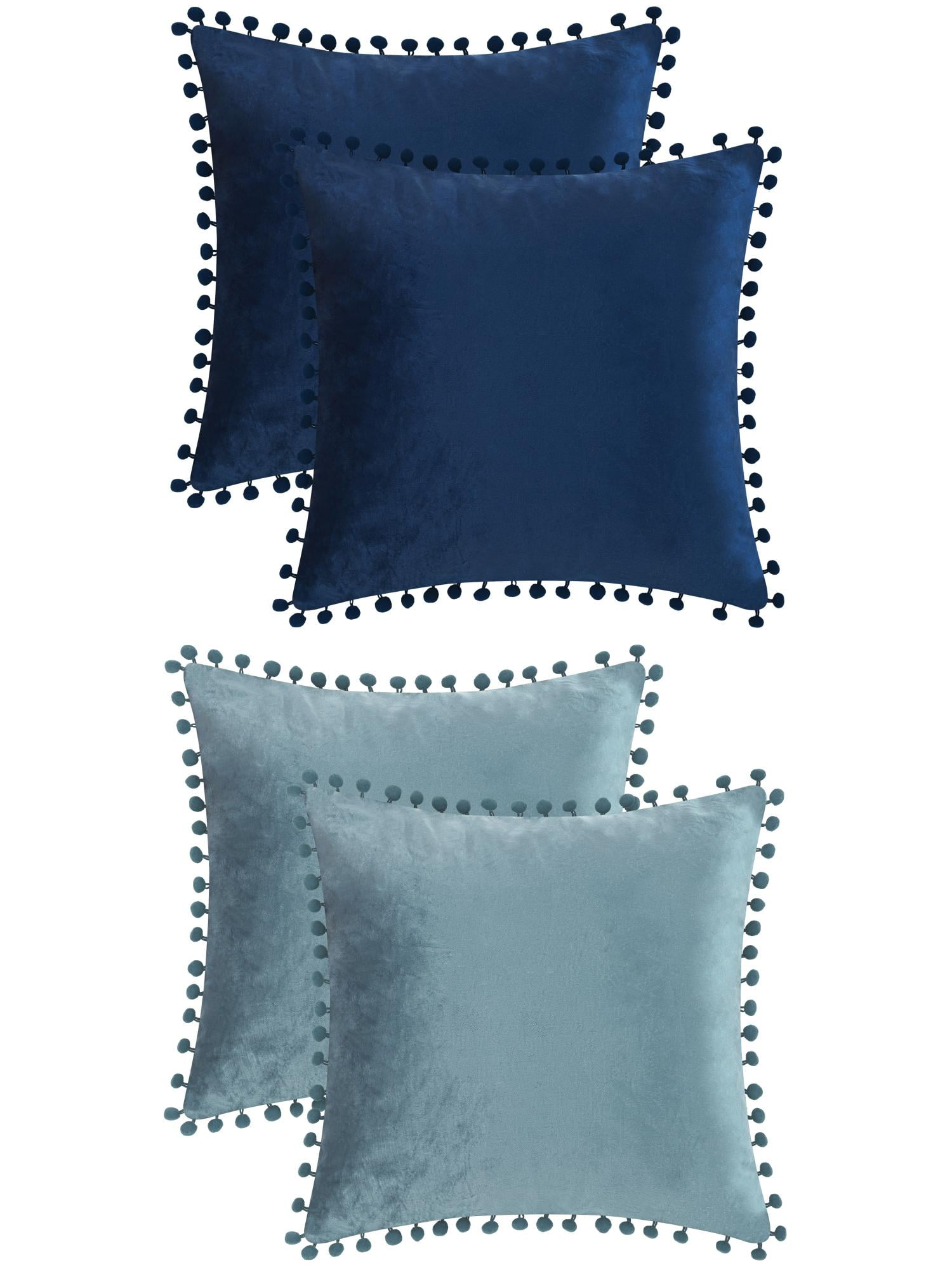 Unique Bargains Velvet Throw Pillow Covers 4 Pcs Pompoms Decorative Pillow Cases Blue/Dark Blue 18" x 18"