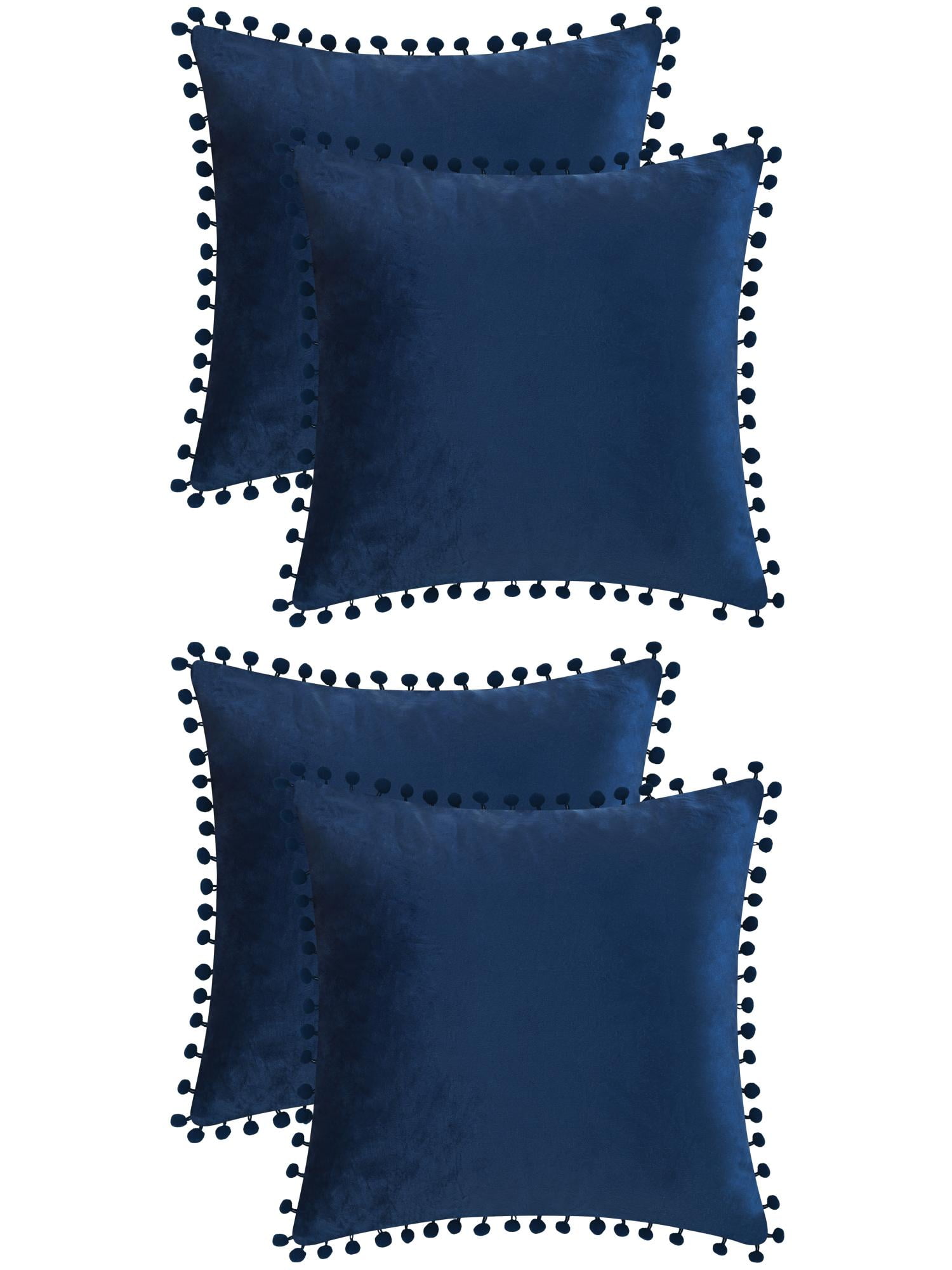 Unique Bargains Velvet Throw Pillow Covers 4 Pcs Pompoms Decorative Pillow Cases Dark Blue 18" x 18"/20" x 20"