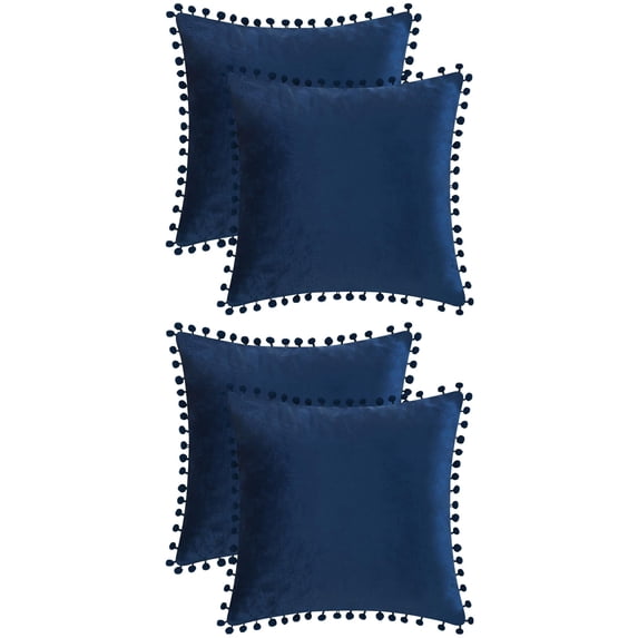 Unique Bargains Velvet Throw Pillow Covers 4 Pcs Pompoms Decorative Pillow Cases Dark Blue 20" x 20"