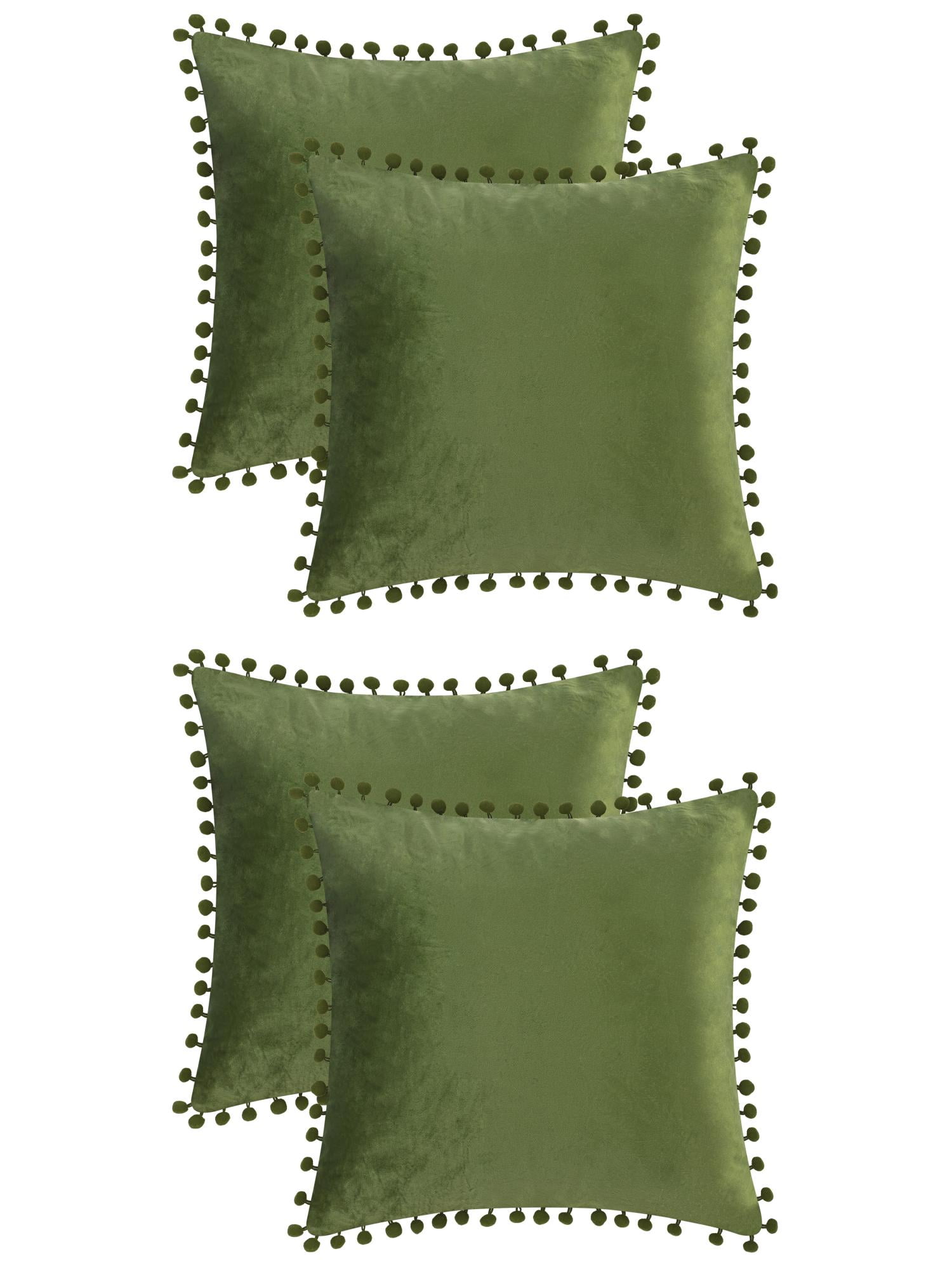 Unique Bargains Velvet Throw Pillow Covers 4 Pcs Pompoms Decorative Pillow Cases Green 20" x 20"