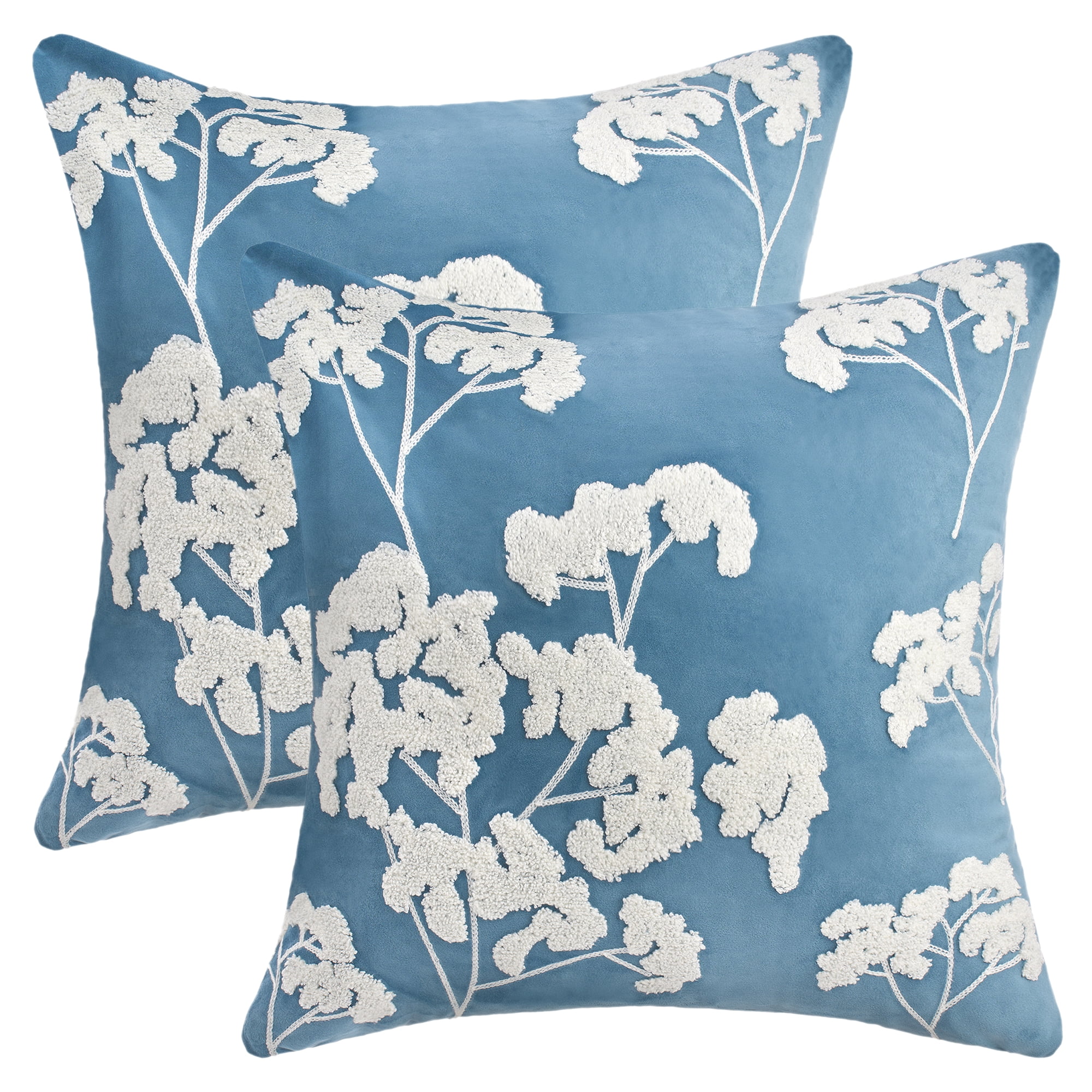 Unique Bargains Velvet Throw Pillow Covers with Blossom Pattern Pack of 2 Blue 18" x 18"