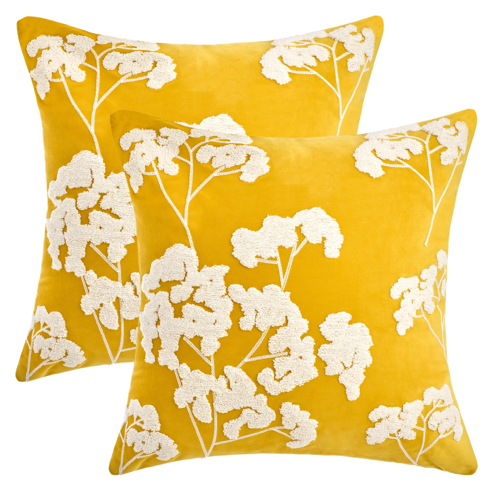 Unique Bargains Velvet Throw Pillow Covers with Blossom Pattern Pack of 2 Yellow 18" x 18"