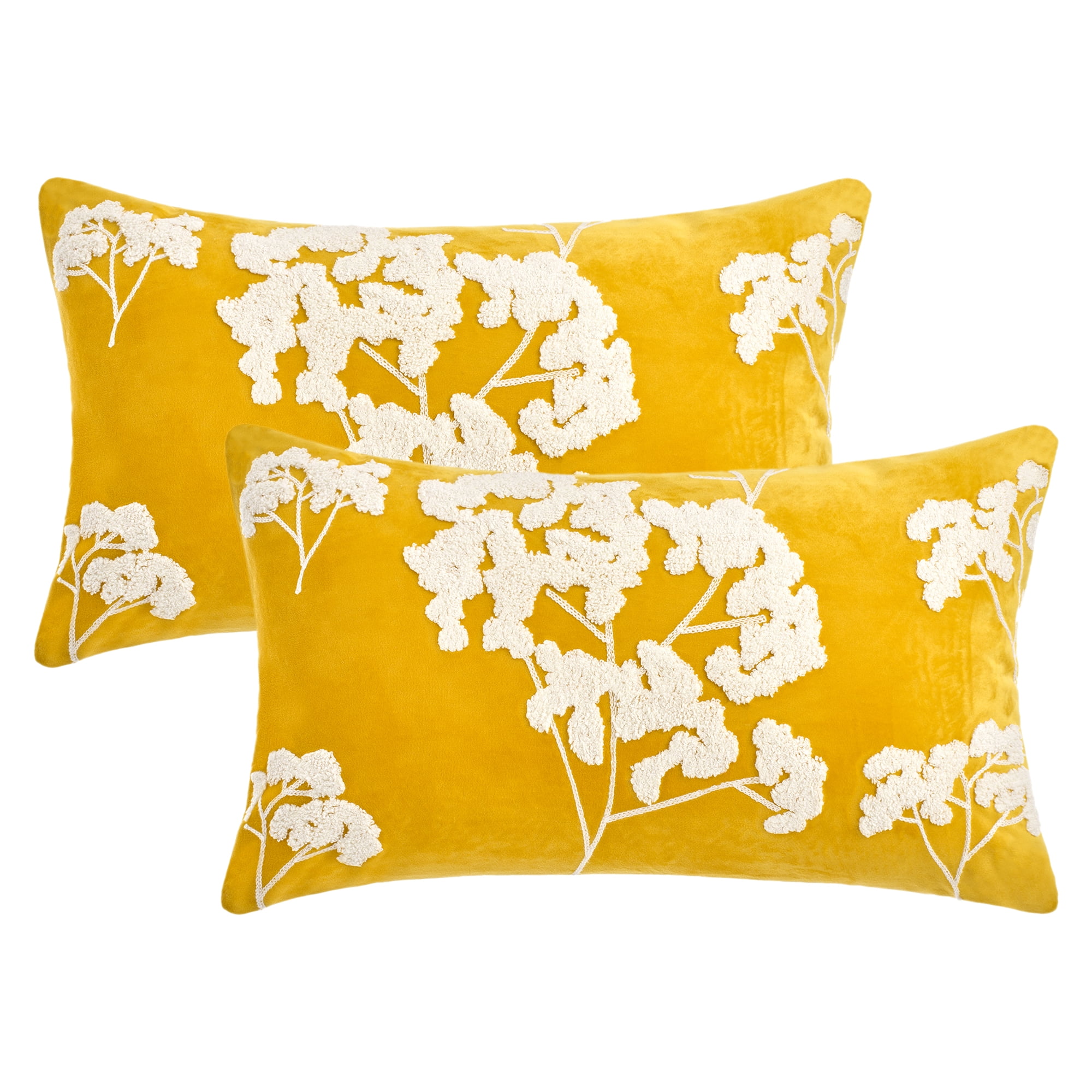 Unique Bargains Velvet Throw Pillow Covers with Blossom Pattern Pack of 2 Yellow 20" x 12"