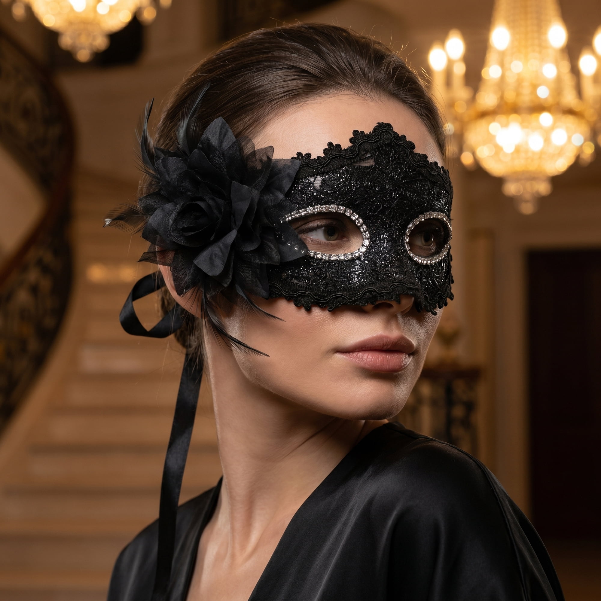 Unique Bargains Venetian Masquerade Mask, Side Flower Rose Eye Mask Black 6.3" x 4.3"