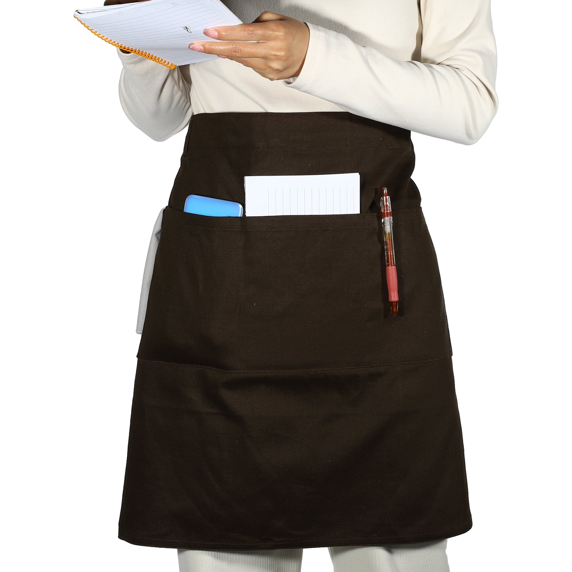 Unique Bargains Serving Cooking Versatile Waist Apron with Pockets Coffee Color