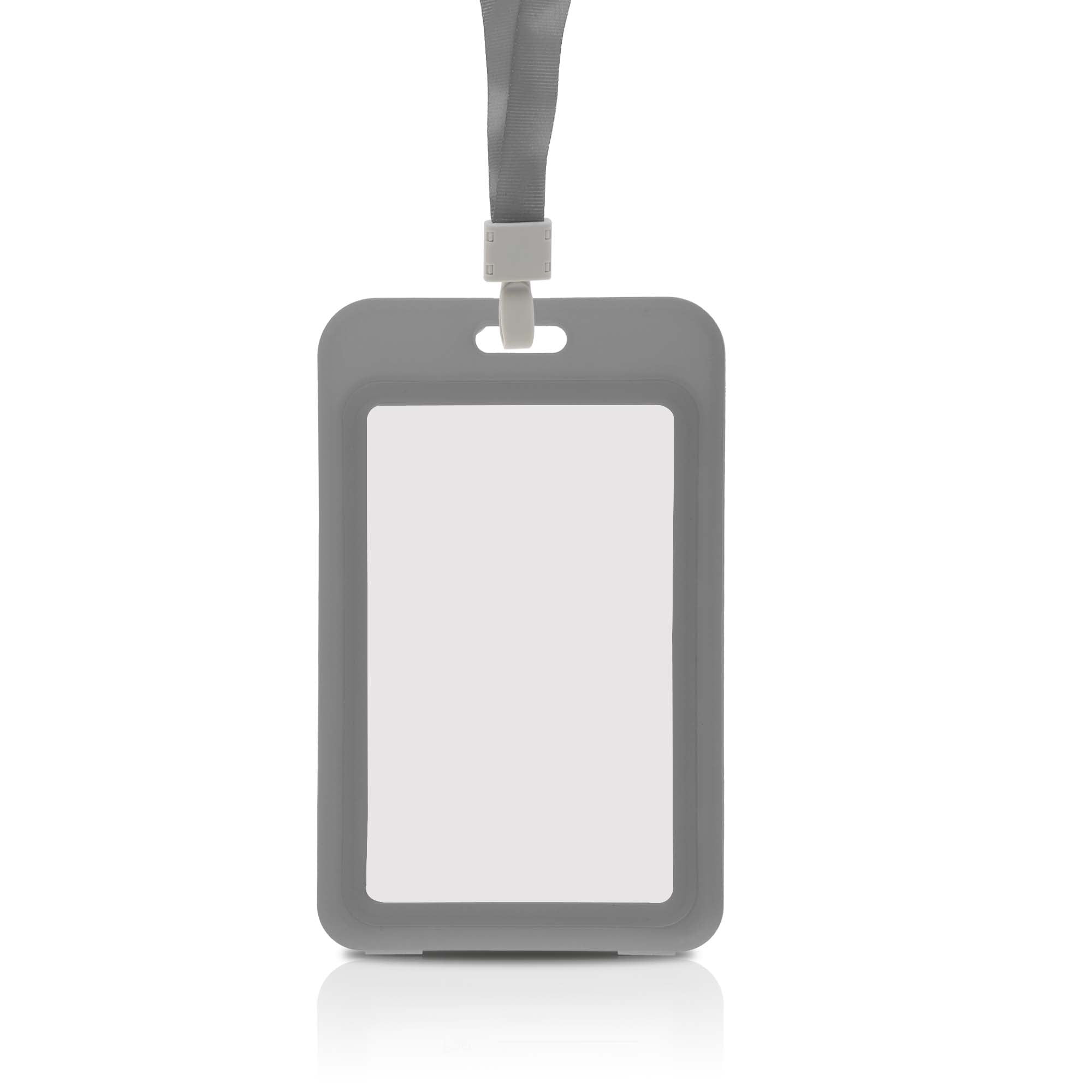 Unique Bargains Vertical ID Badges Leather Clear Card Holder with Lanyard Gray