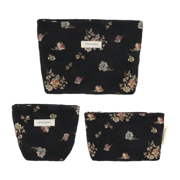 NOMADIC NOOK Vintage Floral Makeup Bag Set 3Pcs Black