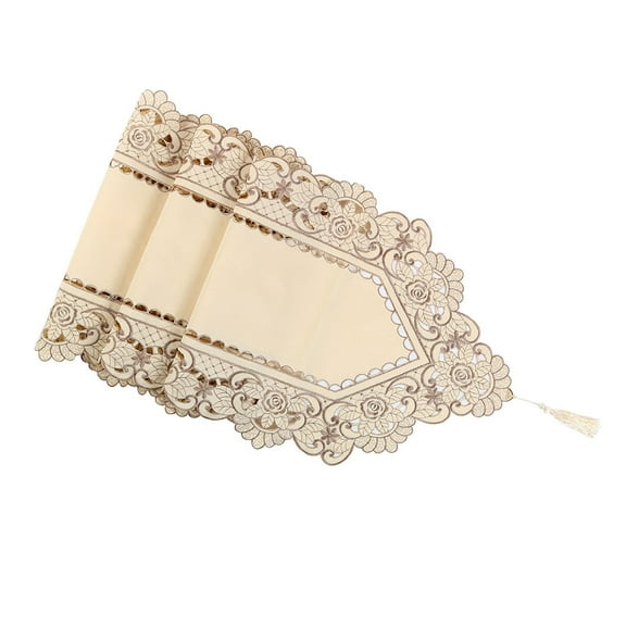Unique Bargains Vintage Flower Embroidery Tassel Table Runner Light Beige 16"x59"