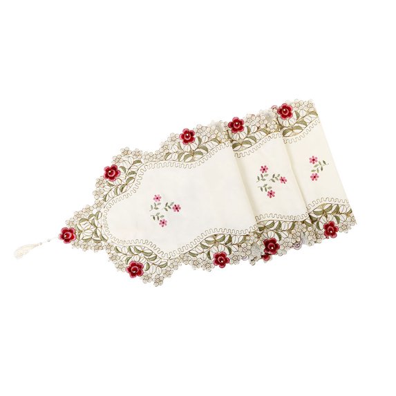 Unique Bargains Vintage Flower Embroidery Tassel Table Runner Red Rose 15"x59"