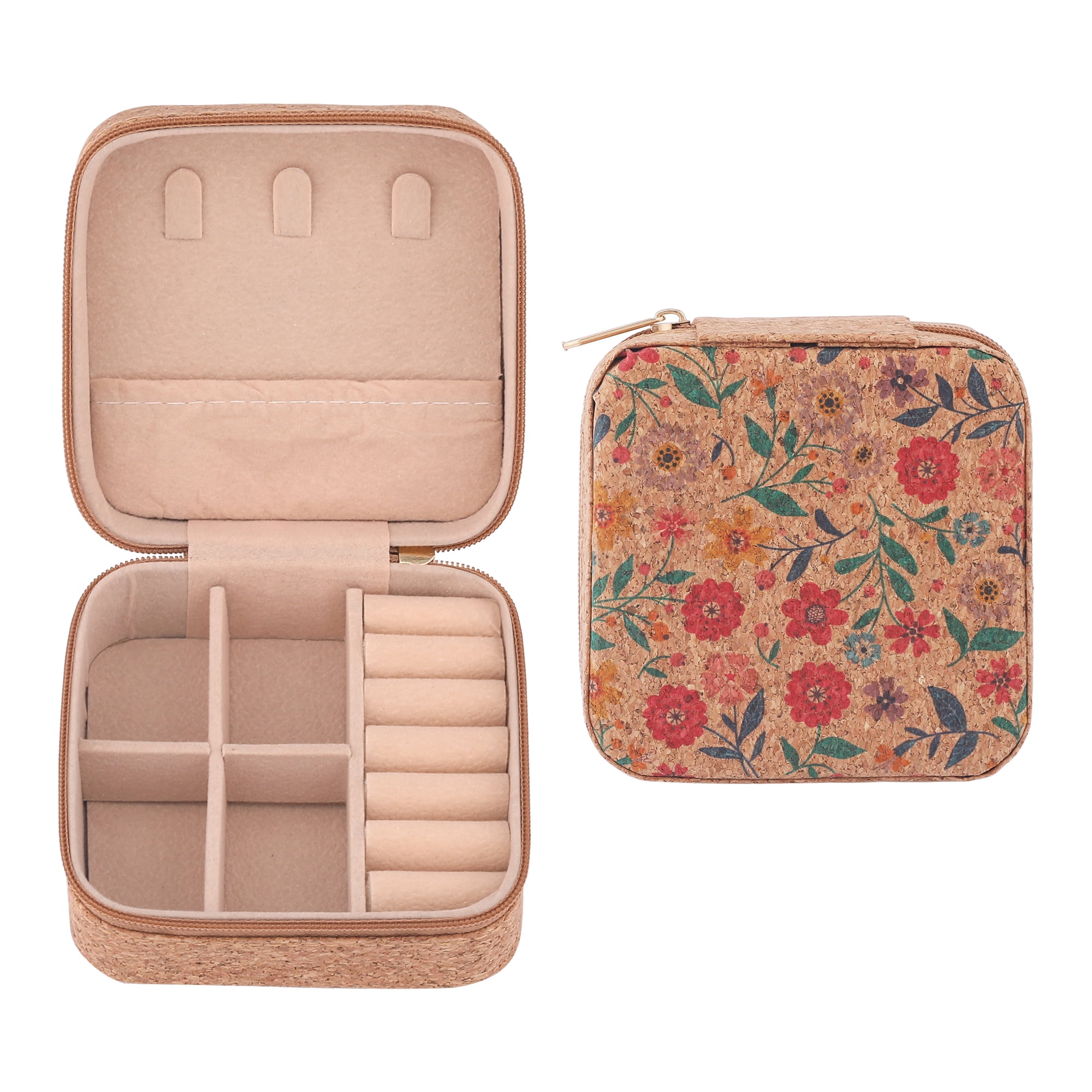Unique Bargains Vintage Mini PU Leather Jewelry Box with Zipper Brown Flower Pattern