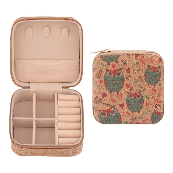 Unique Bargains Vintage Mini PU Leather Jewelry Box with Zipper Brown Owl Pattern
