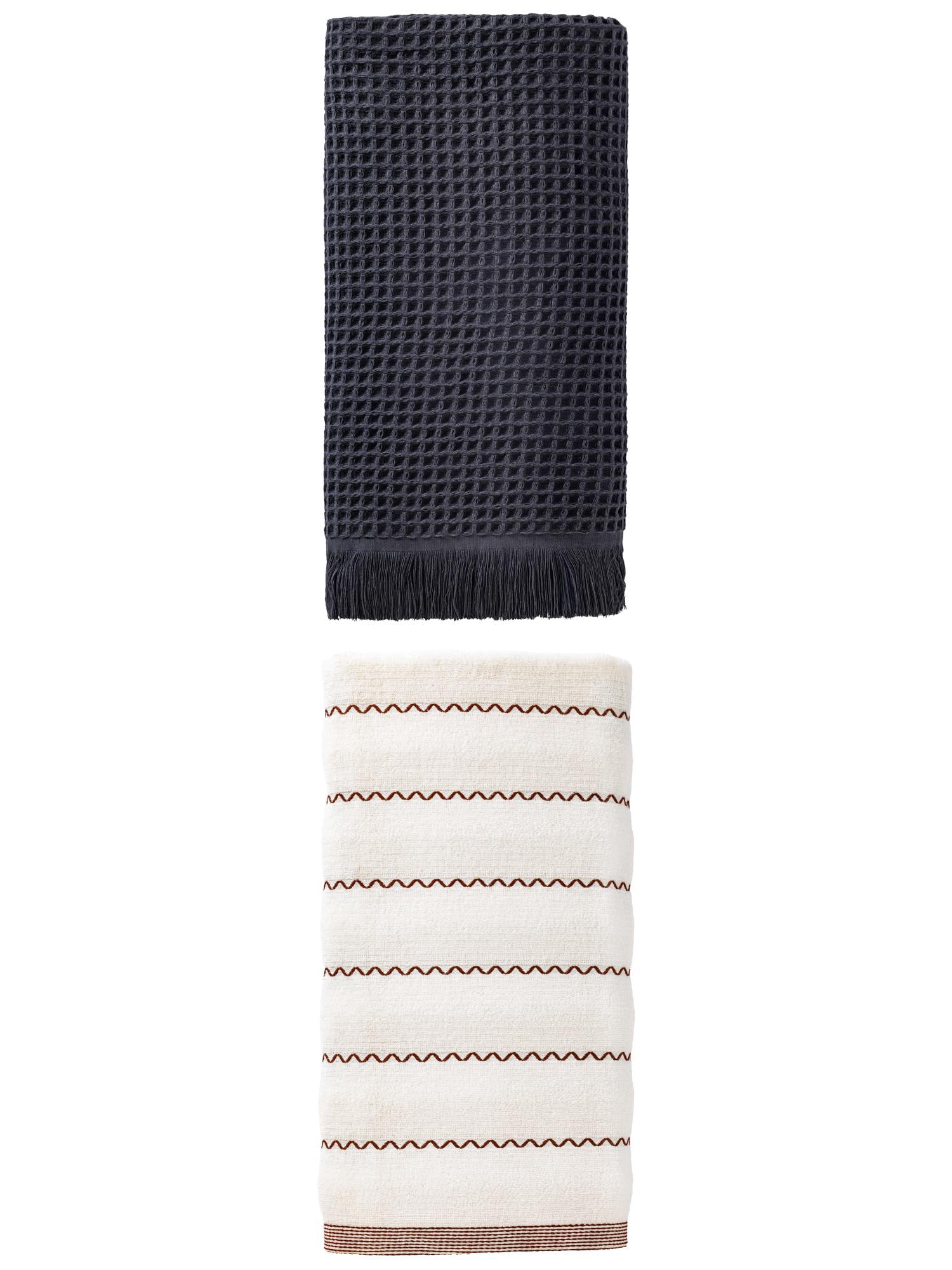 Unique Bargains Waffle Cotton Bath Towel 2 Pack Dark Blue/White 71" x 35"/55" x 28"