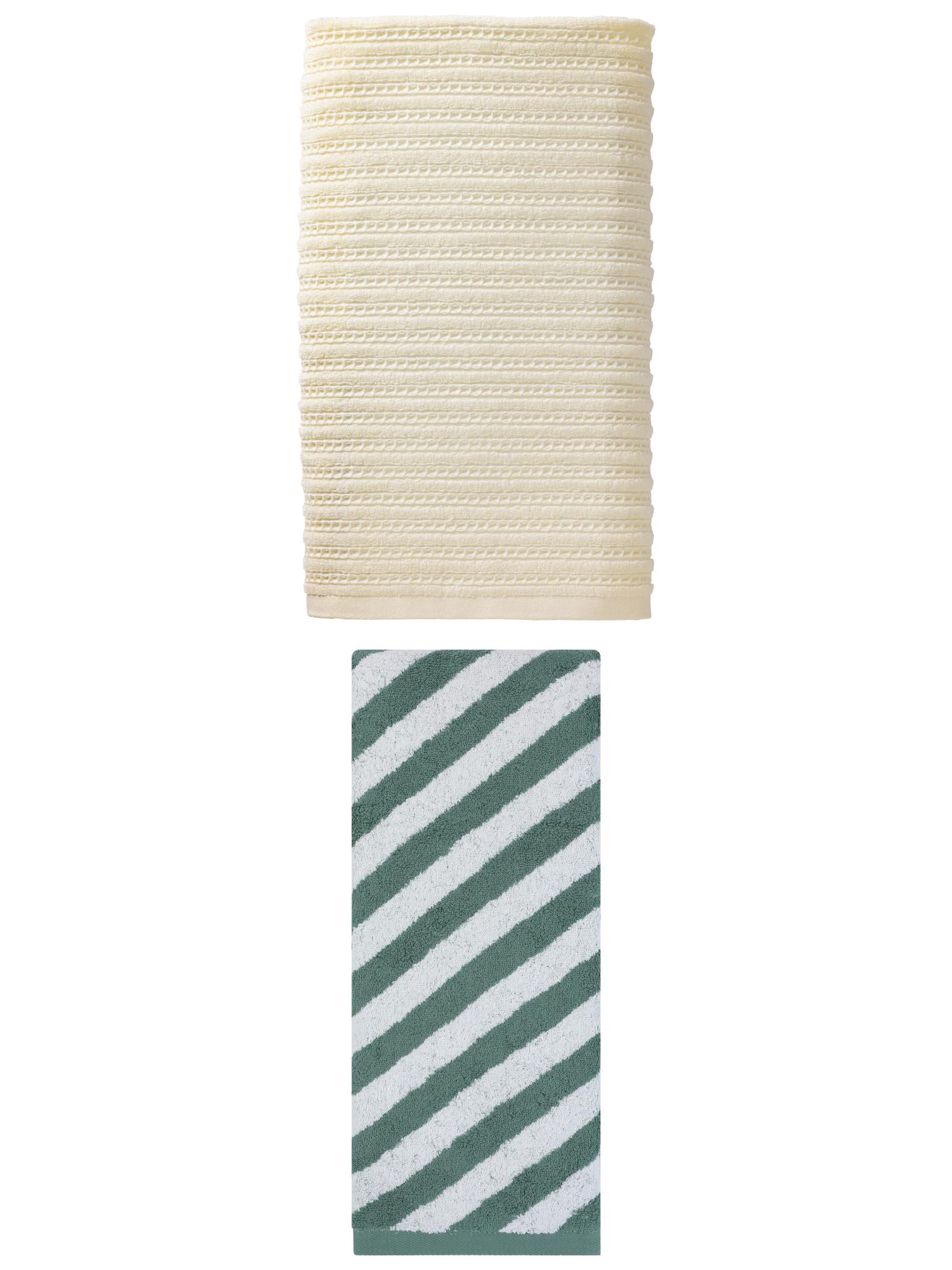 Unique Bargains 1pc Cream White 55" x 28" 1pc Striped Green 55" x 28" Soft Towels