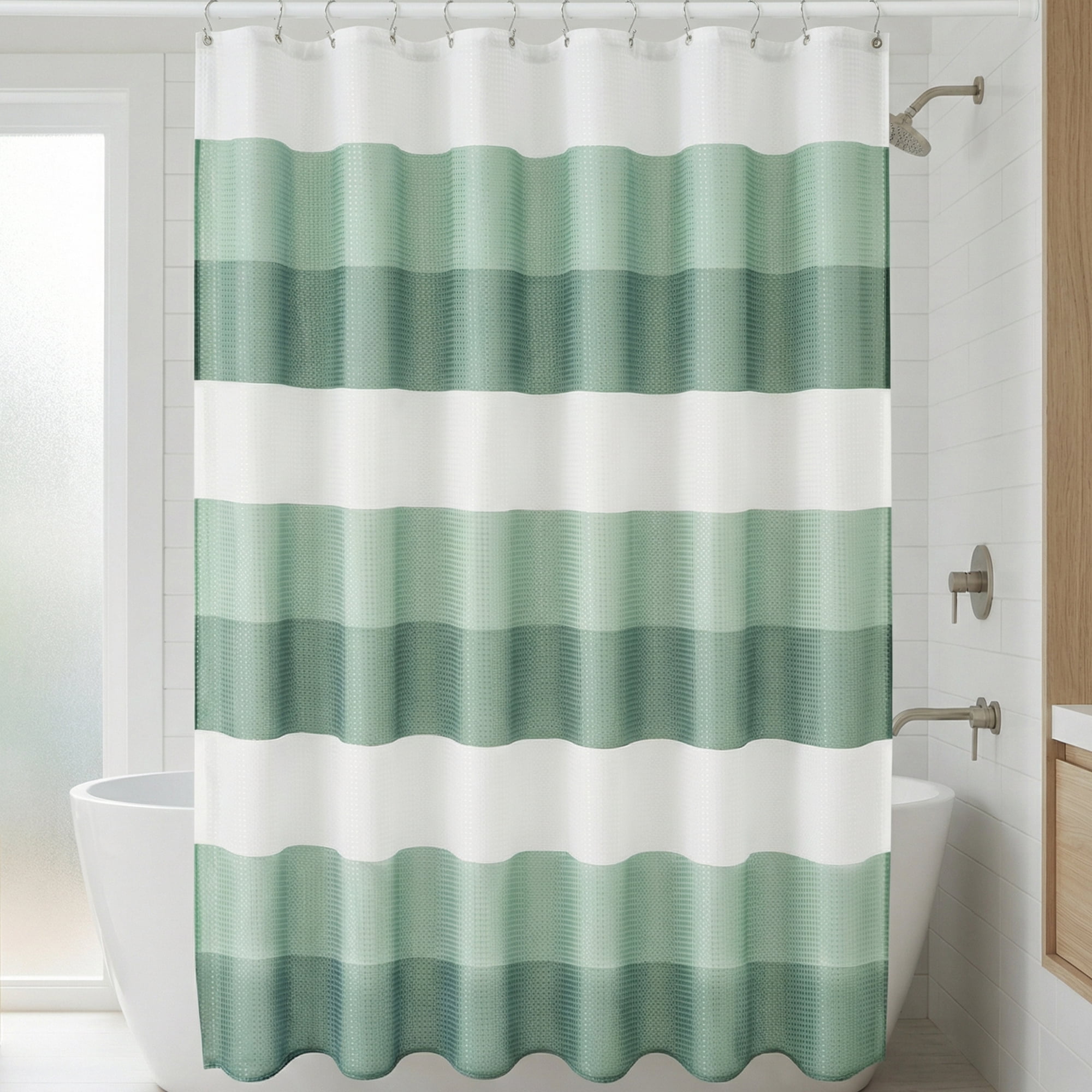 Unique Bargains Waffle Stripe Shower Curtain Sets with 12 Hooks Green 71"W x 71"L