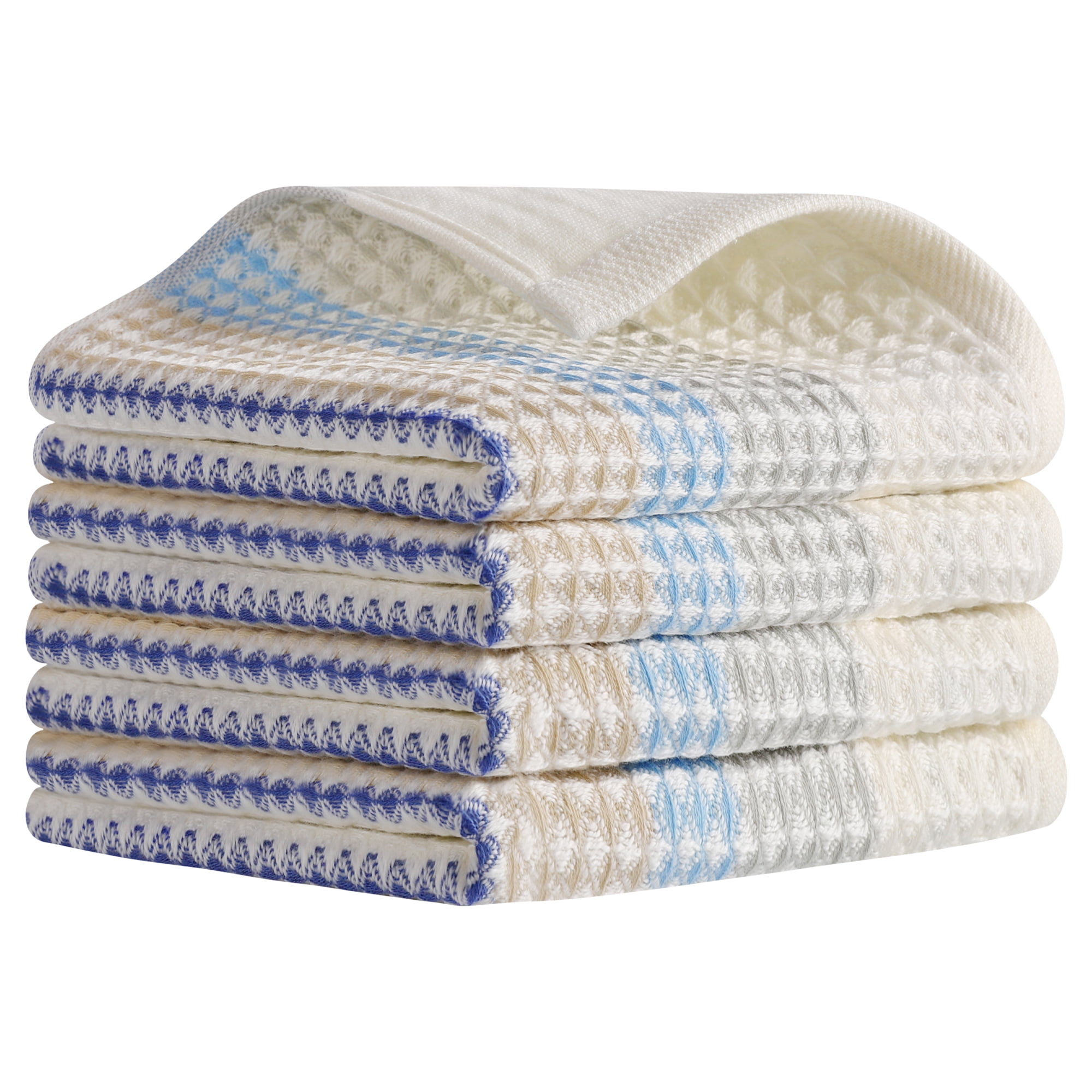 Unique Bargains Waffle Striped Cotton Hand Towels Set for Bathroom Beige Yellow 4-Piece