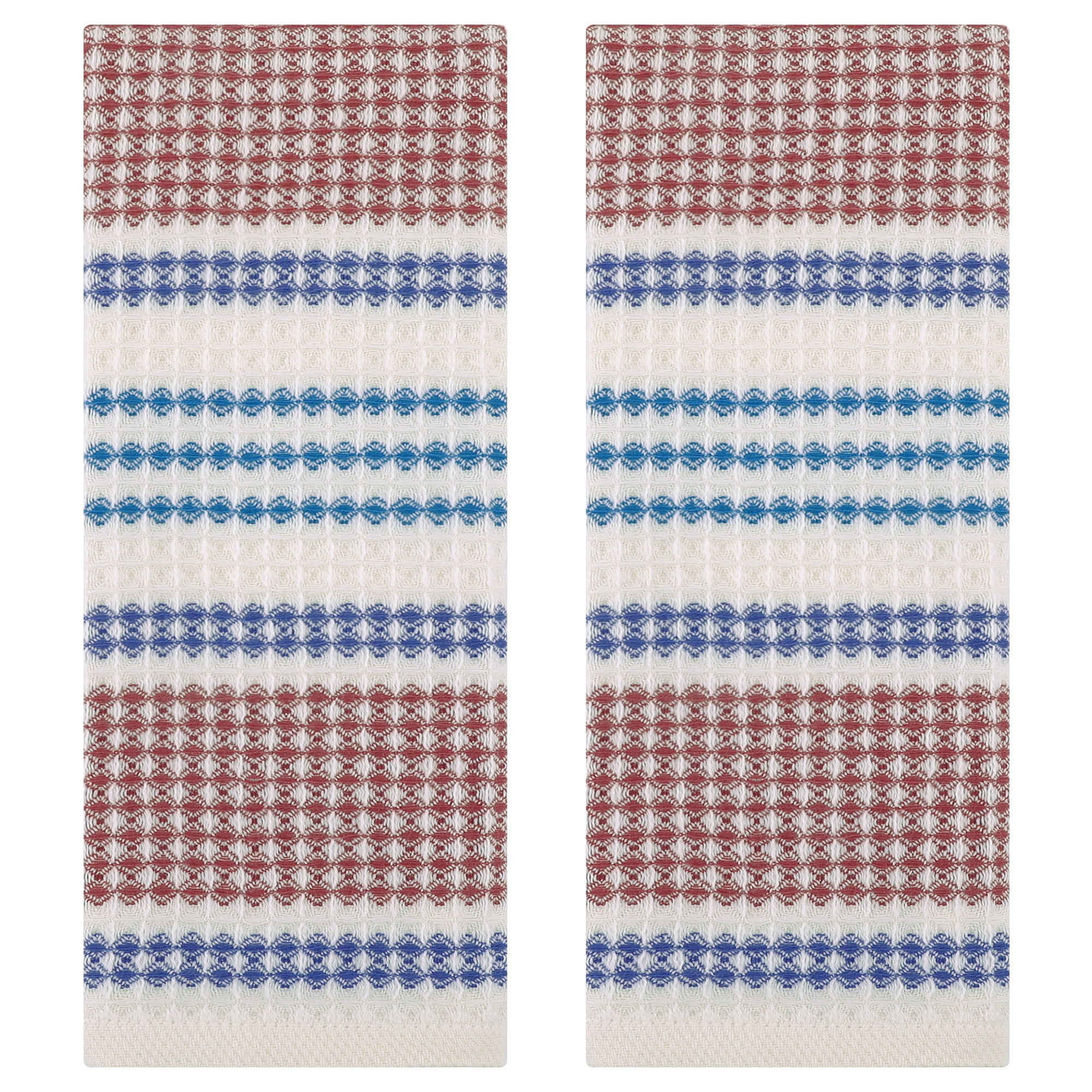 Unique Bargains Waffle Striped Cotton Hand Towels Set for Bathroom Blue Brown 2-Piece