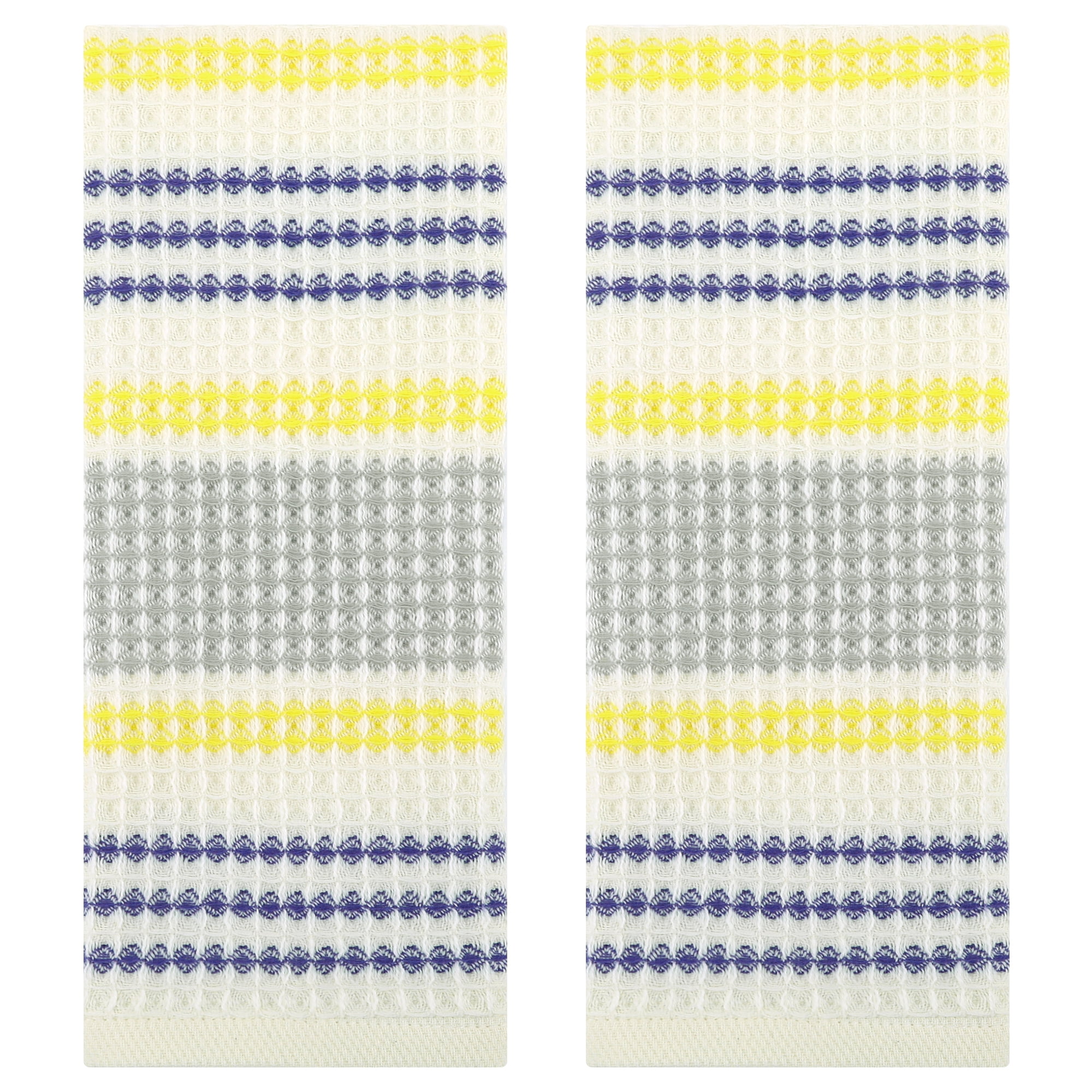 Unique Bargains Waffle Striped Cotton Hand Towels Set for Bathroom Blue Yellow 2-Piece