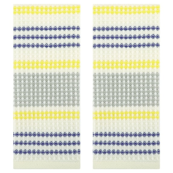 Unique Bargains Waffle Striped Cotton Hand Towels Set for Bathroom Blue Yellow 2-Piece
